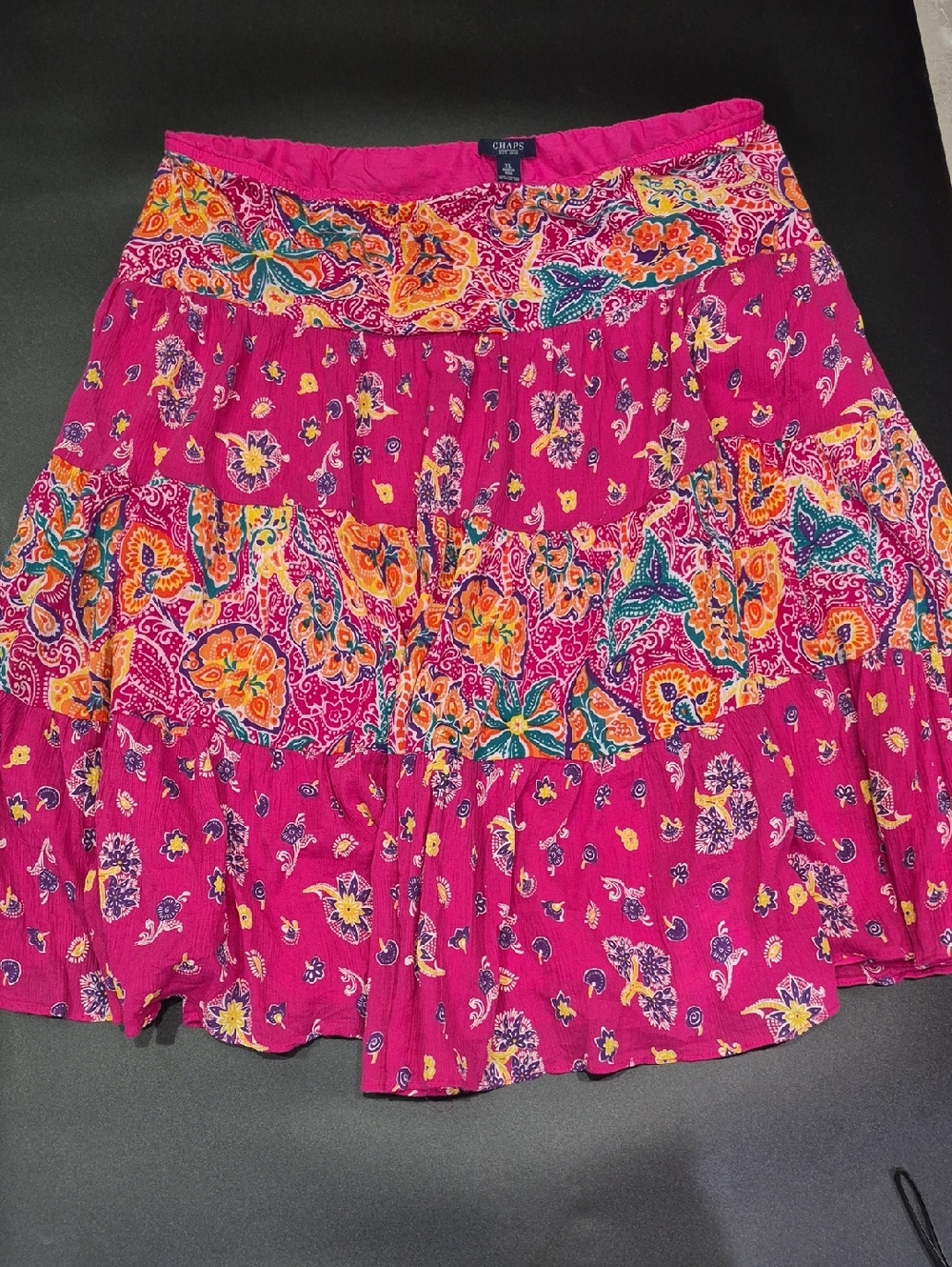Chaps 100 % Cotton Vibrant Fuchsia Floral Tiered Skirt
